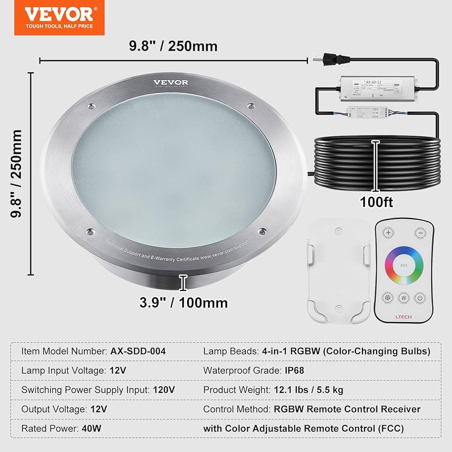 Amazon.com : VEVOR 120V AC LED Pool Light, 10 Inch 40W, RGBW